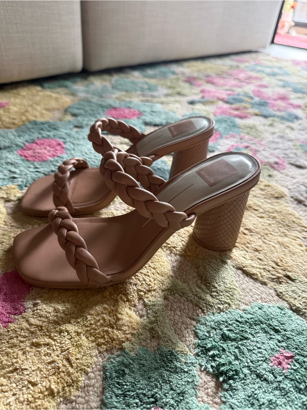 Dolce Vita Braided Double-Strap Block Heel Sandals - Nude Pink
